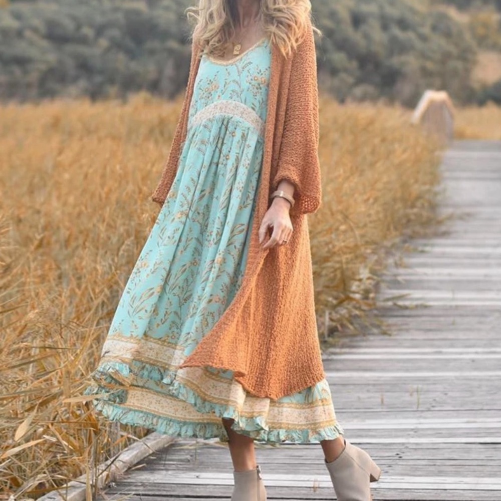 Boho Floral Gypsy Print Midi Ruffle Dress pink - Picture 8 of 15